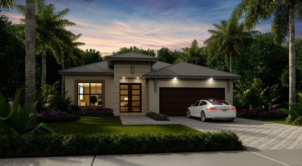 A rendering of the front of a house with a car parked in it.