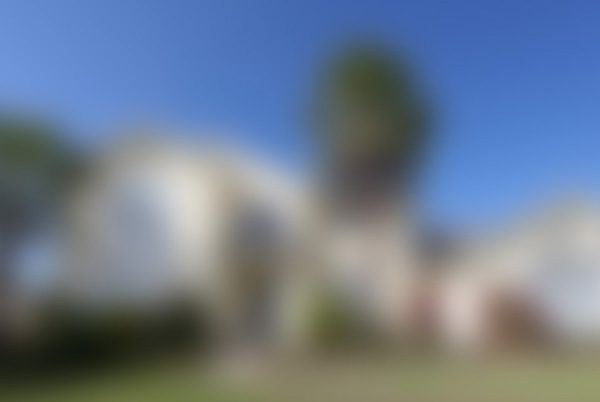 A blurry picture of a house with trees in the background.