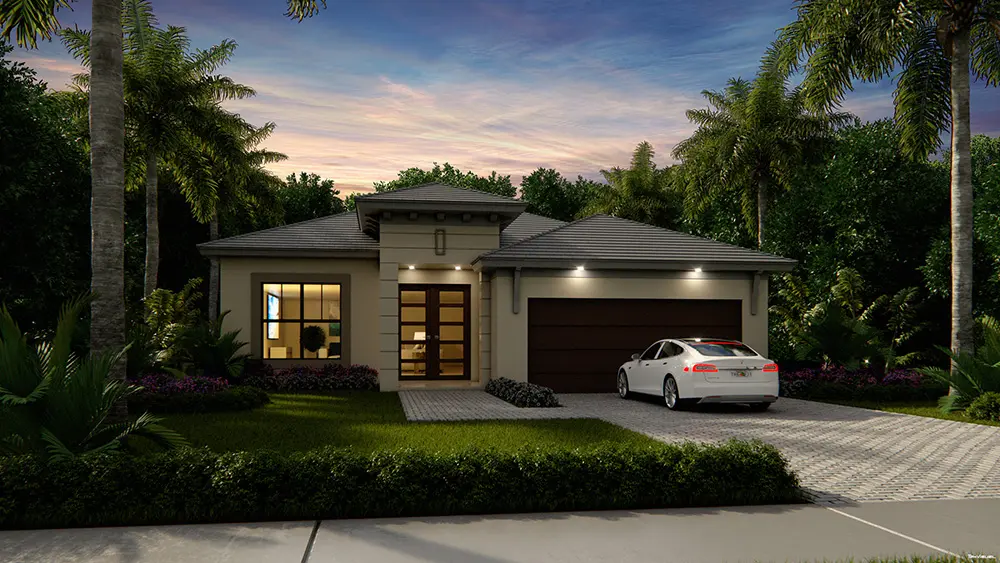 A rendering of the front of a house with a car parked in it.