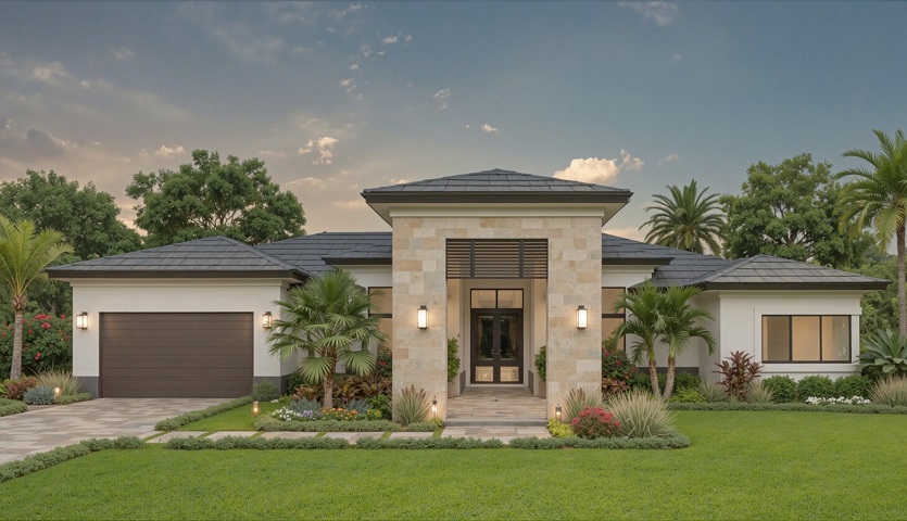 Modern house with landscaped front yard.