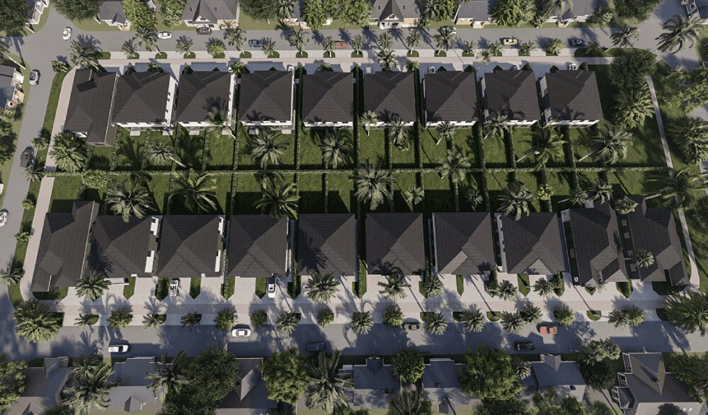Aerial view of suburban residential neighborhood.